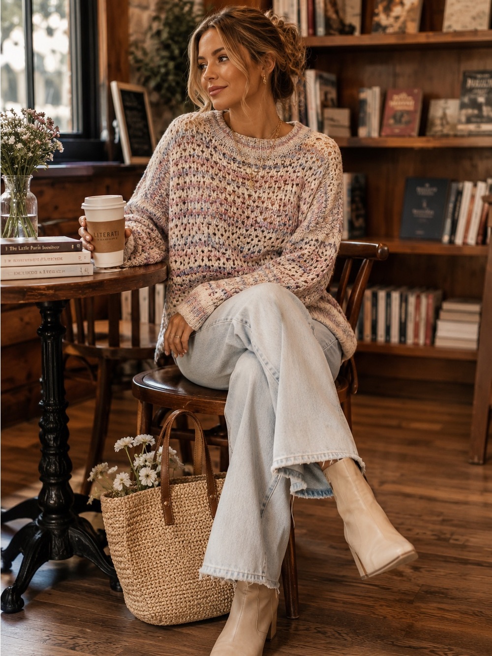 Anthropologie Chunky Open Knit Sweater Pastel Marled Boho Cottagecore Cozy